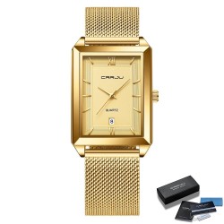 CRRJU - luxury square golden watch - Quartz - stainless steel mesh bracelet - waterproofWatches