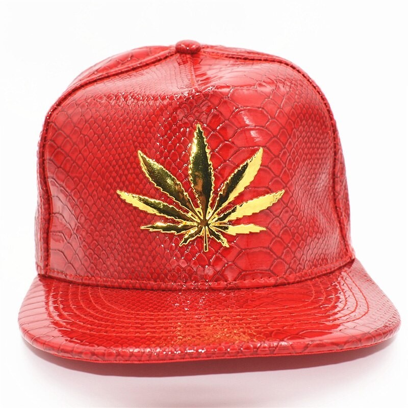 Baseball cap - leather snapback - with metal leaf - hip hop styleHats & Caps