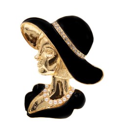 BrochesBroche de oro de moda - mujer con sombrero negro con perlas / cristales