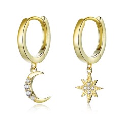 AretesPendientes de oro redondos de moda - luna / estrella - plata de ley 925