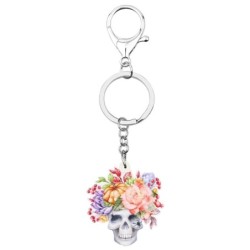 Acrylic Halloween skull with flowers - keychainKeyrings
