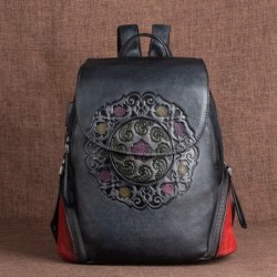 MochilasMochila retro mujer - estampado floral - piel genuina - gran capacidad