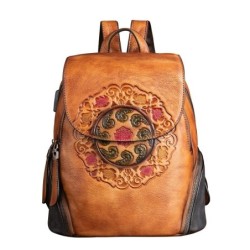 MochilasMochila retro mujer - estampado floral - piel genuina - gran capacidad