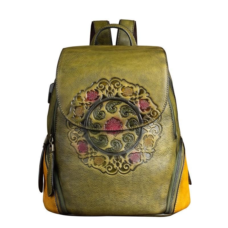 MochilasMochila retro mujer - estampado floral - piel genuina - gran capacidad