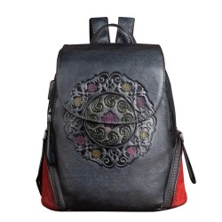 MochilasMochila retro mujer - estampado floral - piel genuina - gran capacidad