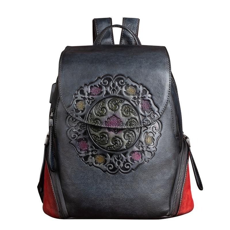 MochilasMochila retro mujer - estampado floral - piel genuina - gran capacidad