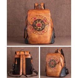 MochilasMochila retro mujer - estampado floral - piel genuina - gran capacidad