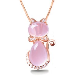 Stylish rose gold necklace - cat shaped pendant - crystals - pink opalNecklaces