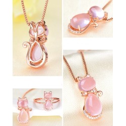 CollarElegante collar de oro rosa - colgante en forma de gato - cristales - ópalo rosa