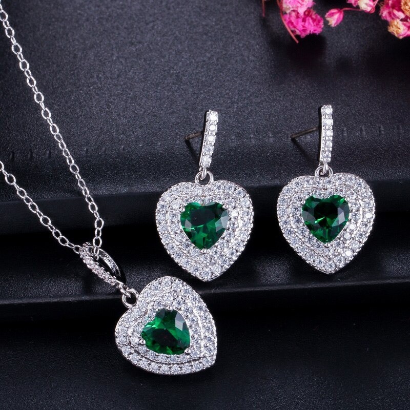 Conjuntos de joyasConjunto de joyas de plata de lujo - colgantes en forma de corazón - cristal - circonita cúbica - collar - ...