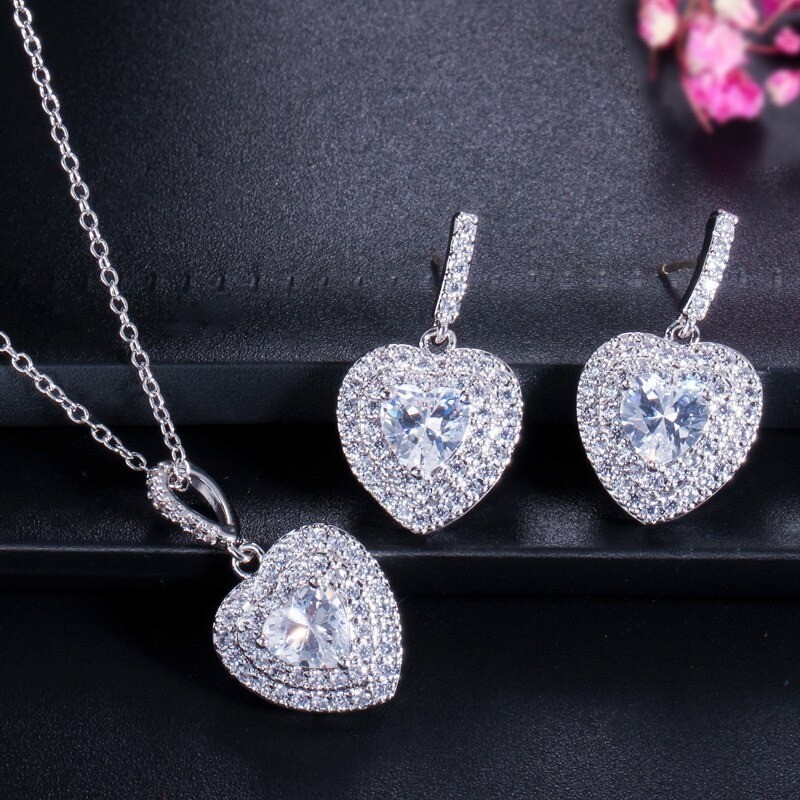 Conjuntos de joyasConjunto de joyas de plata de lujo - colgantes en forma de corazón - cristal - circonita cúbica - collar - ...