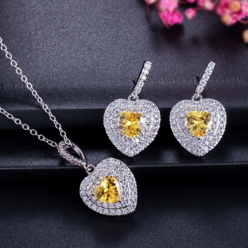 Conjuntos de joyasConjunto de joyas de plata de lujo - colgantes en forma de corazón - cristal - circonita cúbica - collar - ...