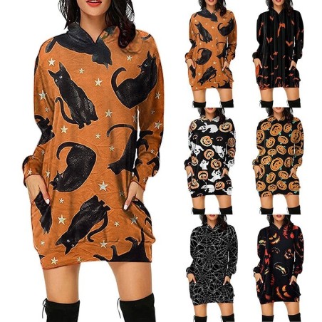 VestidosMini vestido con capucha - jersey holgado - con bolsillos - estampado Halloween - calabaza - gatos - telaraña