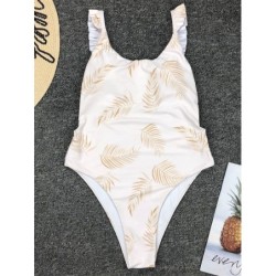 Sexy white one piece swimsuit - leaves printed - push upBeachwear