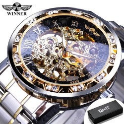 RelojesWINNER - reloj de lujo - mecánico - luminoso - con diamantes - diseño de esqueleto transparente - con caja