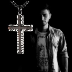 CollaresColgante de cruz de acero de Damasco - madera de ébano - collar de acero inoxidable