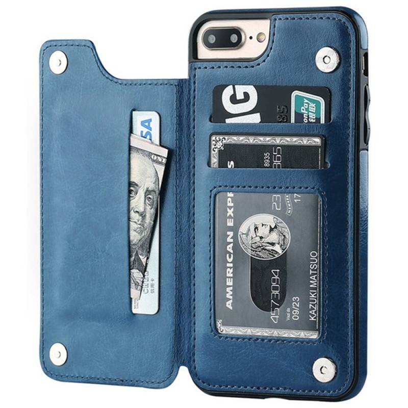 Retro card holder - phone cover case - leather flip cover - mini wallet - for iPhone - blueProtection