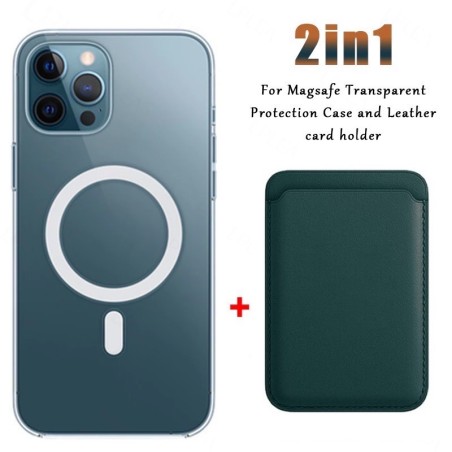 ProteccionCarga inalámbrica Magsafe - estuche magnético transparente - tarjetero de cuero magnético - para iPhone - verde oscuro