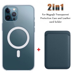 ProteccionCarga inalámbrica Magsafe - estuche magnético transparente - tarjetero de cuero magnético - para iPhone - azul oscuro