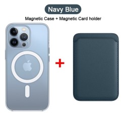 ProteccionCarga inalámbrica Magsafe - estuche magnético transparente - tarjetero de cuero magnético - para iPhone - azul oscuro