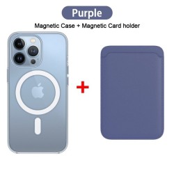 Magsafe wireless charging - transparent magnetic case - magnetic leather card holder - for iPhone - purpleProtection