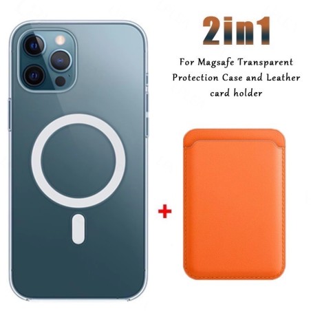 Magsafe wireless charging - transparent magnetic case - magnetic leather card holder - for iPhone - orangeProtection