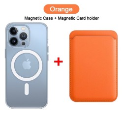 Magsafe wireless charging - transparent magnetic case - magnetic leather card holder - for iPhone - orangeProtection