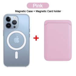 Magsafe wireless charging - transparent magnetic case - magnetic leather card holder - for iPhone - pinkProtection