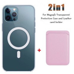 ProteccionCarga inalámbrica Magsafe - estuche magnético transparente - tarjetero de cuero magnético - para iPhone - rosa