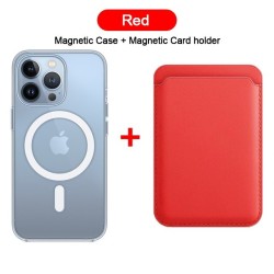 ProteccionCarga inalámbrica Magsafe - estuche magnético transparente - tarjetero de cuero magnético - para iPhone - rojo
