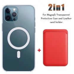 ProteccionCarga inalámbrica Magsafe - estuche magnético transparente - tarjetero de cuero magnético - para iPhone - rojo