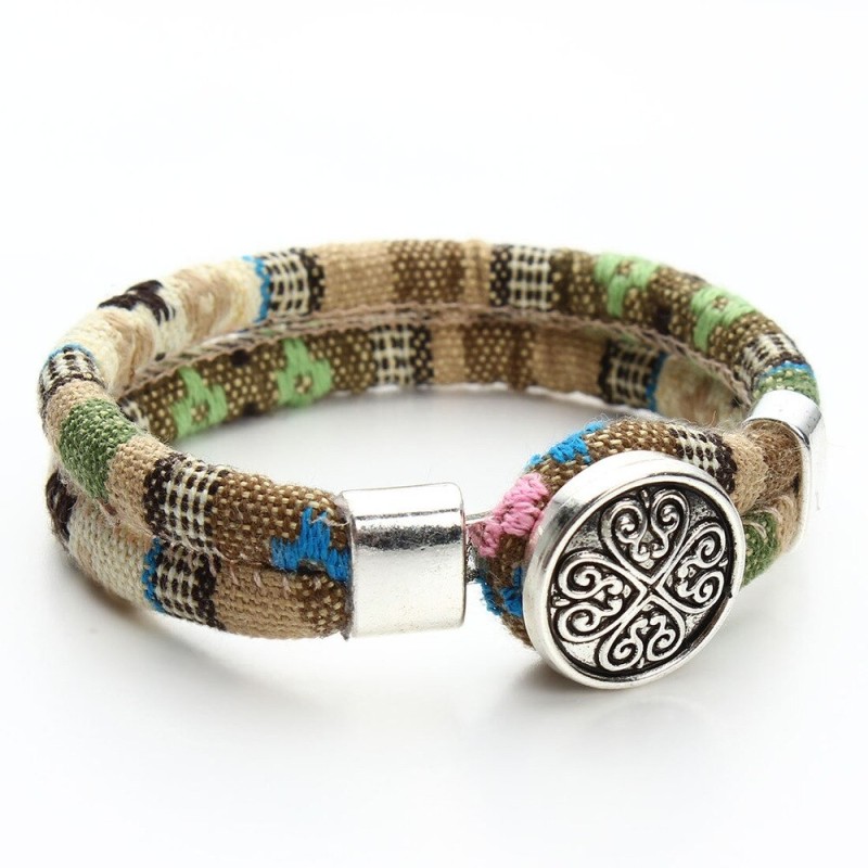 Bohemian style bracelet - colorful layered cotton - Tibetan silver - snap buttonBracelets