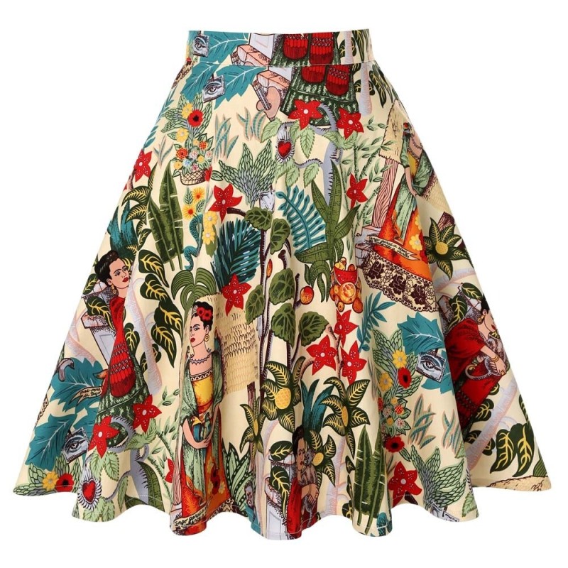 VestidosFalda hasta la rodilla de moda - línea A vintage - cintura alta - algodón - estampado colorido
