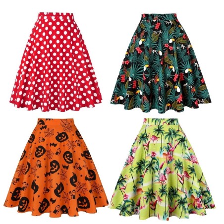 VestidosFalda hasta la rodilla de moda - línea A vintage - cintura alta - algodón - estampado colorido