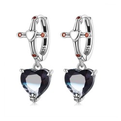 AretesPendientes redondos de plata - cruz - corazón colgante de cristal negro - plata de ley 925