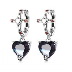 Round silver earrings - cross - black crystal dangle heart - 925 sterling silverEarrings