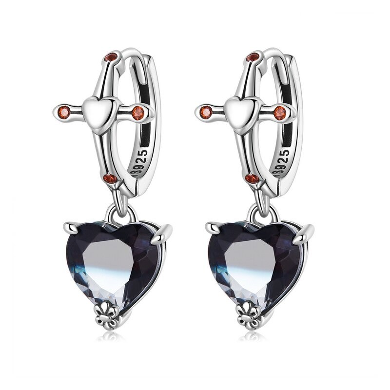 AretesPendientes redondos de plata - cruz - corazón colgante de cristal negro - plata de ley 925
