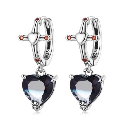 AretesPendientes redondos de plata - cruz - corazón colgante de cristal negro - plata de ley 925