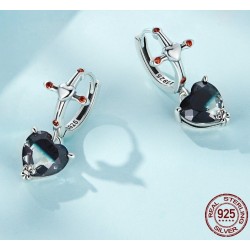 AretesPendientes redondos de plata - cruz - corazón colgante de cristal negro - plata de ley 925
