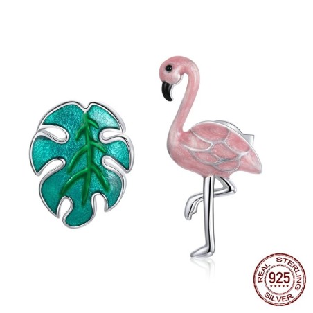 925 sterling silver earrings - pink flamingo / green leafEarrings