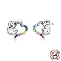 Slow sloth with colorful zircon heart - 925 sterling silverEarrings