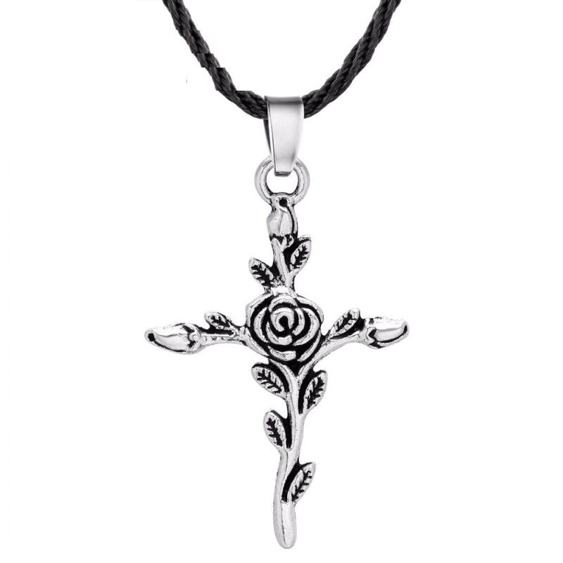 CollarColgante de cruz rosa - collar de cuerda