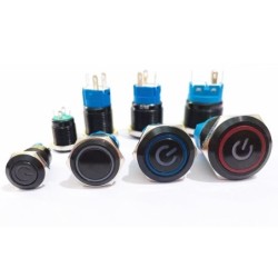 InterruptoresPulsador LED negro - resistente al agua - rearme automático momentáneo - 12mm / 16mm / 19mm / 22mm - 5V / 12V / ...
