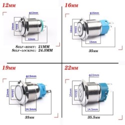 Metal push button switch - waterproof - self-reset - LED - 12mm / 16mm / 19mm / 22mm - 6V / 24V / 220VSwitches