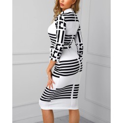 Classic midi dress - three quarters sleeve - geometric black color stripesDresses