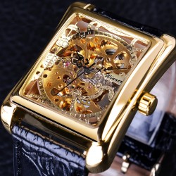 WINNER - rectangular mechanical watch - hollow-out skeleton design - leather strapWatches