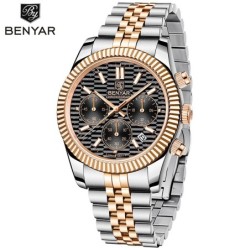 RelojesBENYAR - elegante reloj de cuarzo - cronógrafo - resistente al agua - acero inoxidable - oro / negro