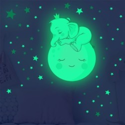 Luminous wall sticker - kids bedroom wallpaper - sleeping baby elephant / moon / starsWall stickers