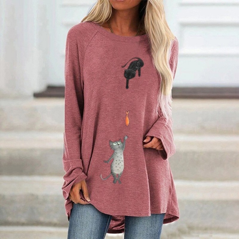 Blusas y camisasCamiseta de manga larga - jersey largo - estampado de dos gatos / peces Blusas y camisasCamiseta de manga larga - jersey largo - estampado de dos gatos / peces