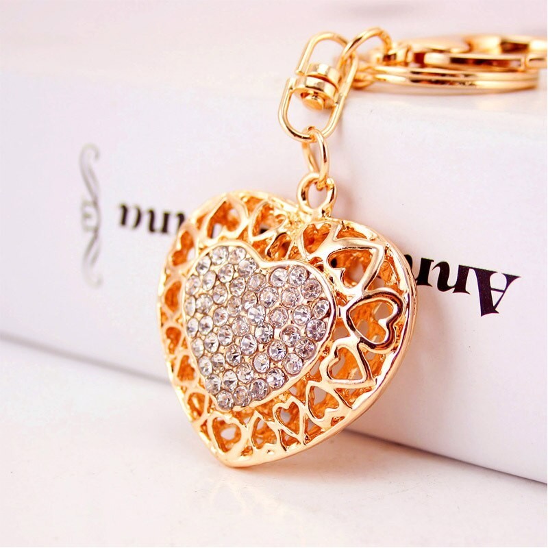 Hollow-out heart with crystals - keychainKeyrings